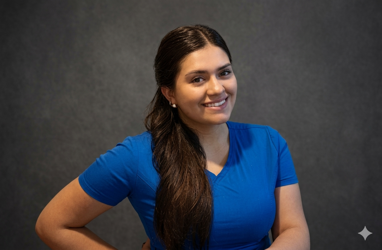 Dra. Priscila Assef sonriendo con uniforme azul